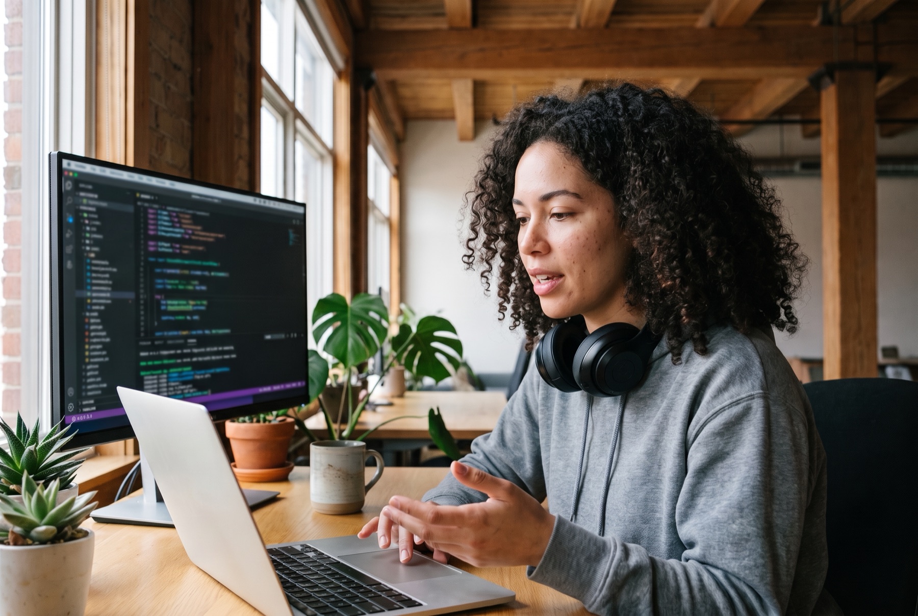 A developer dictates at her laptop, next to a monitor full of code.