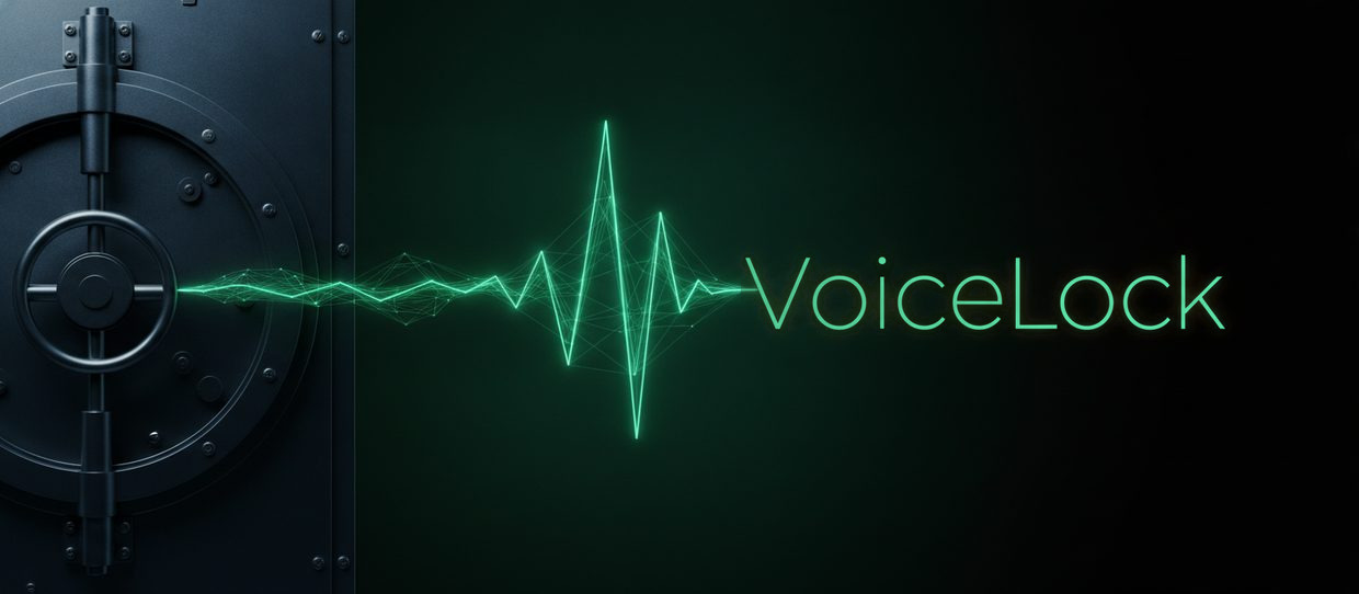 VoiceLock — a dark vault door with a green voice waveform flowing from its lock into the word VoiceLock